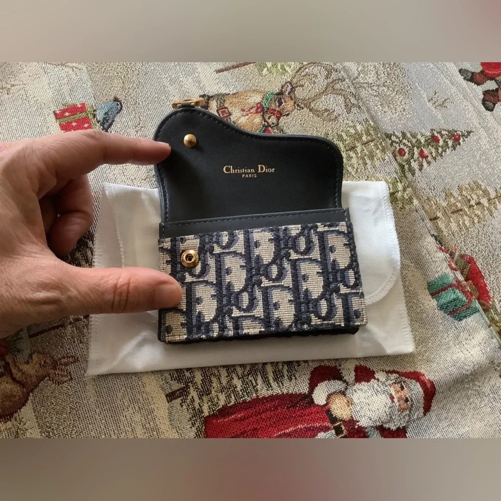 Dior Navy & Beige Oblique Canvas Mini Wallet with Gold 'D' Accent